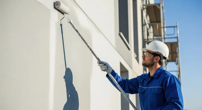Painter rolling over a marked wall on a commercial building