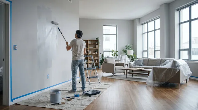 Painter rolling a living room wall with furniture covered in plastic in North Hollywood