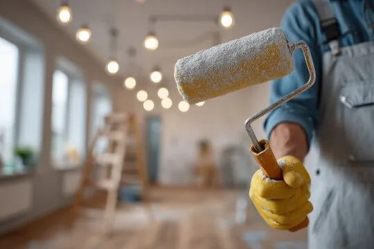 Painter holding a roller in a home being prepped for painting in Van Nuys