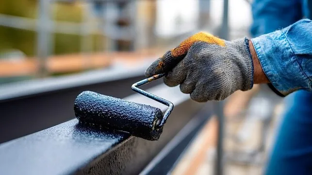 Painter rolling a protective coating onto a metal railing in Sun Valley